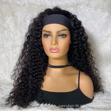 10A Grade 100% Brazilian Human Hair Wig Water Wave Curly Headband Wig No Lace Front Hair Manufacturer Headband Wig